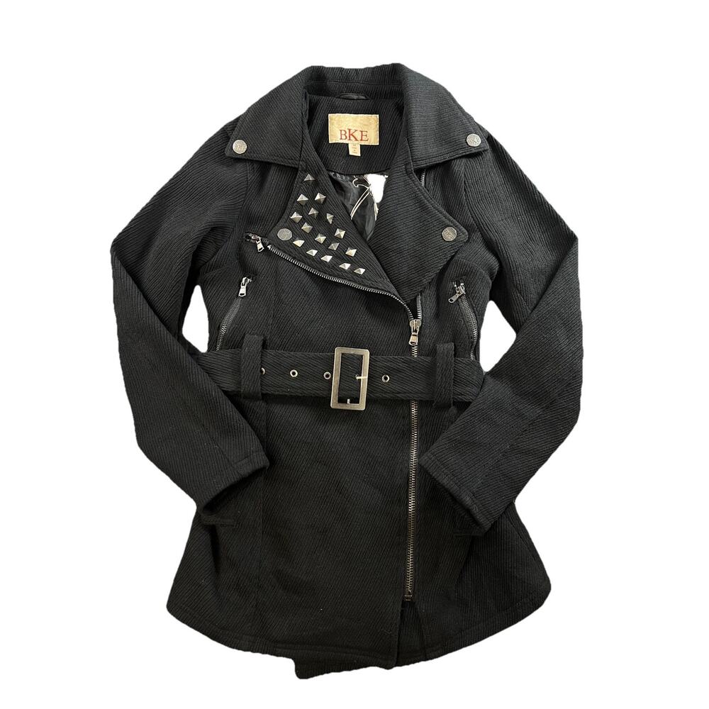 BKE Black Wool Blend Moto Jacket Studded Belted Asymmetrical Zip Women’s Small
